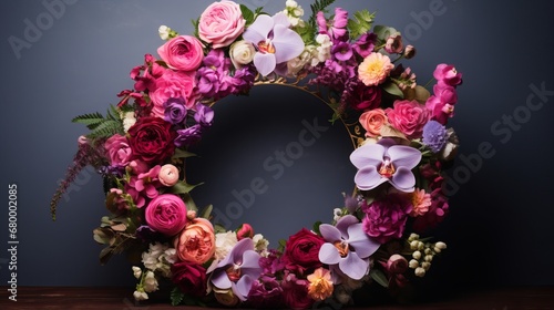 A botanical wreath with a gold outline and a colorful blossoms on it