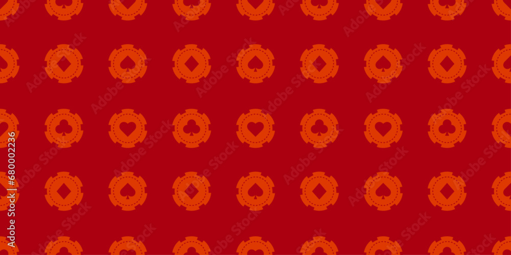 Poker background in red color. Seamless background with casino chips. Chips spades, hearts, diamonds, clubs. Background for gambling, casino advertising. Vector illustration in flat style
