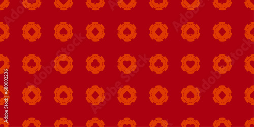 Poker background in red color. Seamless background with casino chips. Chips spades, hearts, diamonds, clubs. Background for gambling, casino advertising. Vector illustration in flat style