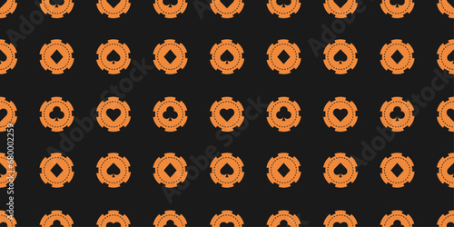 Dark Poker background. Seamless pattern with gold casino chips. Wrapping paper, banner, background for mobile application, web design. Gambling, poker concept. Vector illustration in flat style