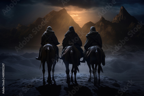 Christmas nativity story. Three wise man on camels against star of Bethlehem in night background. Christian Christmas concept. Birth of Jesus Christ, Salvation, Messiah, Emmanuel, God with us, hope