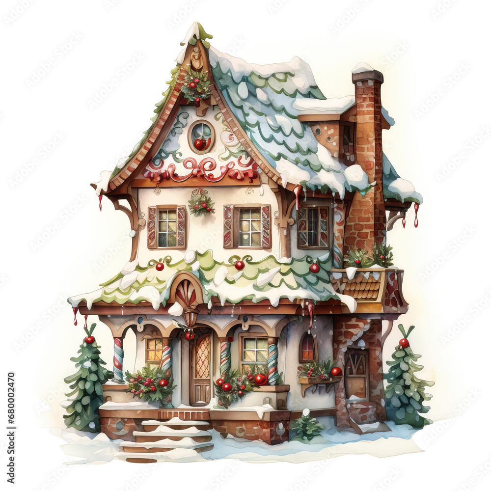 Watercolor drawing. Cute house decorated for Christmas and covered with snow