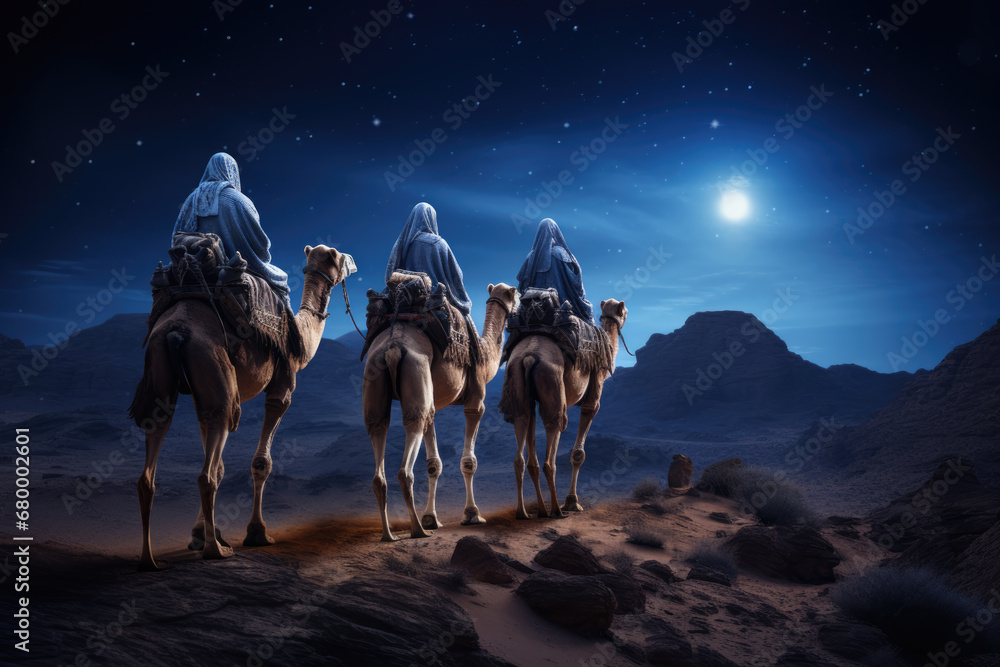 Christmas nativity story. Three wise man on camels against star of Bethlehem in night background. Christian Christmas concept. Birth of Jesus Christ, Salvation, Messiah, Emmanuel, God with us, hope - obrazy, fototapety, plakaty 