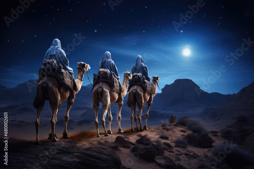 Christmas nativity story. Three wise man on camels against star of Bethlehem in night background. Christian Christmas concept. Birth of Jesus Christ, Salvation, Messiah, Emmanuel, God with us, hope photo
