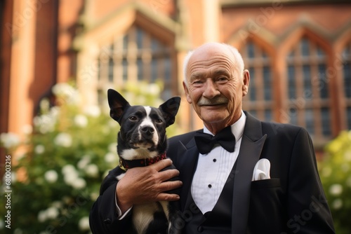 Elderly man with his dog on the background of the old school photo