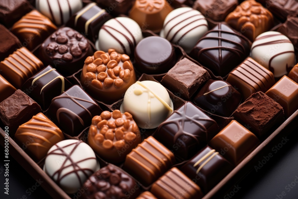 Many chocolates arranged on a table, Top view. Many chocolates arranged on a table, Top view.