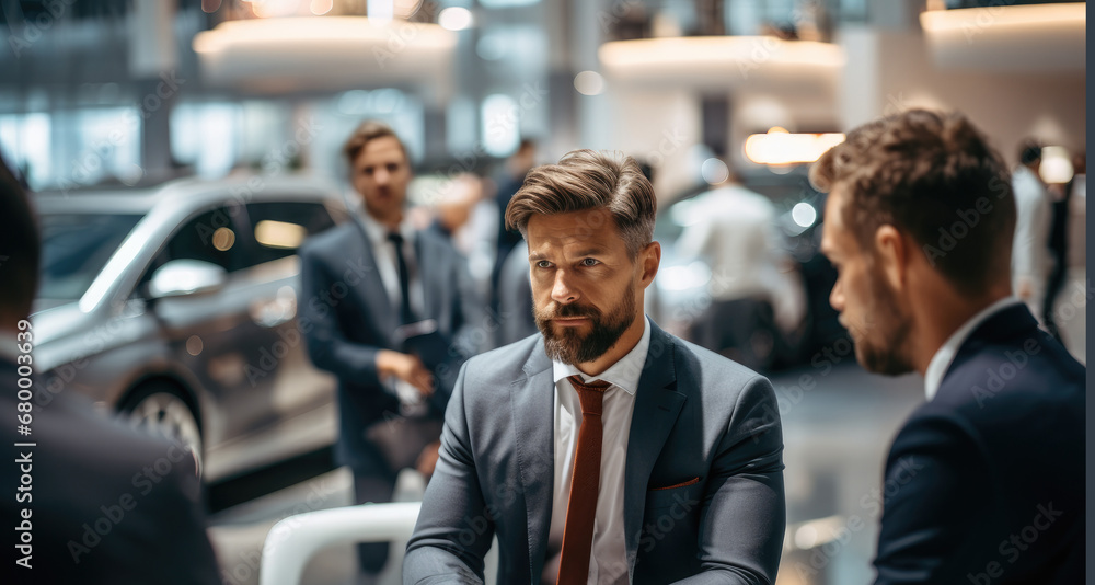 A dealers are discussing the latest product launch plan at a modern car dealership, Auto business, Car sale. A dealers are discussing the latest product launch plan at a modern car dealership, Auto business, Car sale.