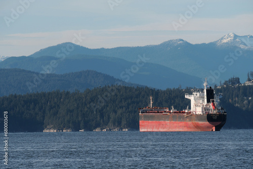 Ship in front of the coast of Vancouver as seen from Jericho Beach in British Columbia, Canada