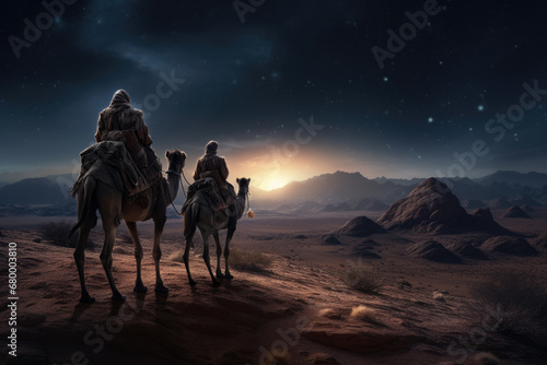 Christmas nativity story. Three wise man on camels against star of Bethlehem in night background. Christian Christmas concept. Birth of Jesus Christ, Salvation, Messiah, Emmanuel, God with us, hope © jchizhe