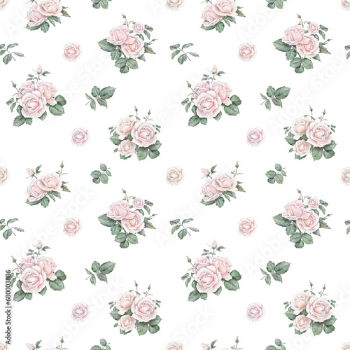Ligth pink roses seamless pattern. Ligth cream roses arrangement. collection garden flowers and leaves. watercolor hand painting illustration on isolate background. For wedding invitations