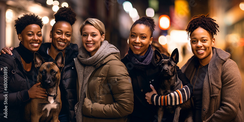 black friends smiling with a dog, quality photography, image sharp/in-focus image, shot with a canon eos 5d mark iv dslr camera, with an ef 80mm f/25 stm lens, iso 50, shutter speed of 1/8000 second photo