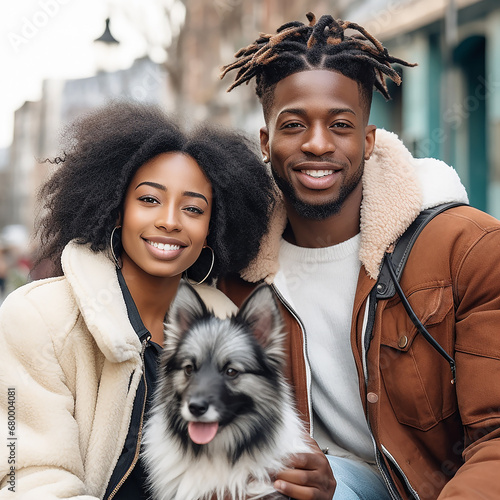 black couple smiling with a dog, quality photography, image sharp/in-focus image, shot with a canon eos 5d mark iv dslr camera, with an ef 80mm f/25 stm lens, iso 50, shutter speed of 1/8000 second photo