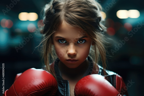 A focused little girl boxer, Gloves raised defensively, Eyes scanning her opponent, embodying readiness and anticipation.