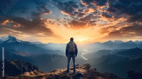 A hiker standing alone on top of a mountain at dusk, Way of life travel alone, Enjoying his adventure.