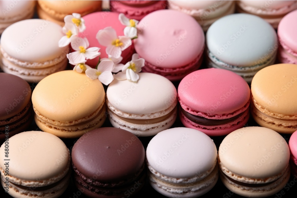 Obraz premium Multi colored macarons on table, Top view.