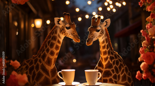 Happy valentine's day. A couple of lovers giraffes on a romantic date in cafe. Romantic postcard, card. Generative AI