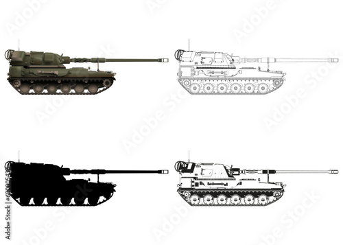 AHS Krab SET. Self-propelled artillery. Army weapons. Military armored vehicle. Detailed colorful vector illustration isolated on white background.