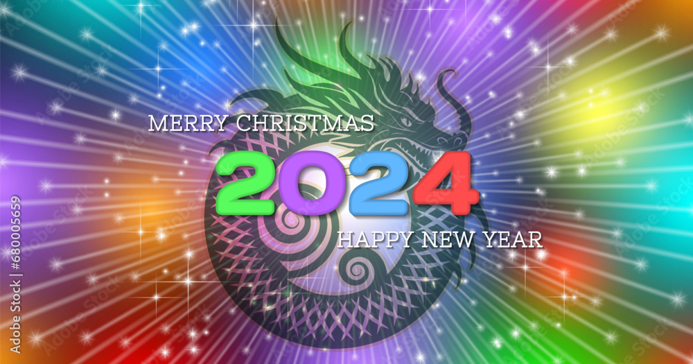 Obraz premium Vector festive cosmic starry bright radiant colored glowing banner. Merry Christmas, Happy New Year 2024. Shadow of the Chinese dragon. 3D date. Congratulations postcard.