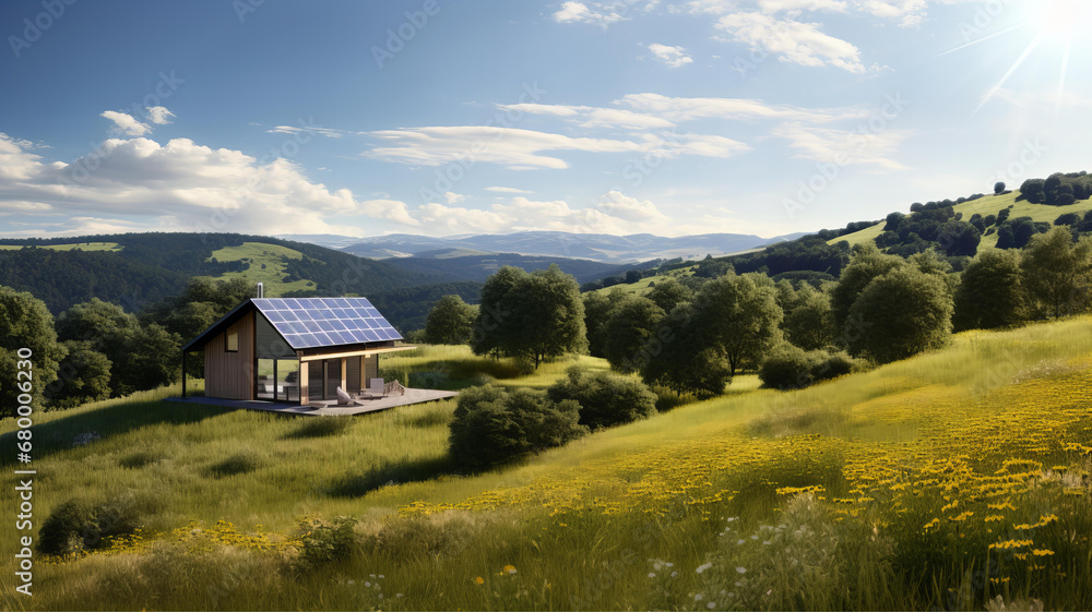 Eco-Friendly Home with Solar Panels in Pastoral Landscape. Generative AI