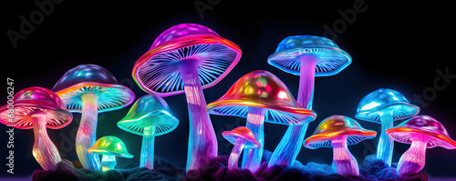 Multicolored hallucinogenic mushrooms on black background photo