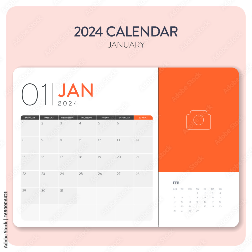 Creative minimal business monthly 2024 Calendar template vector. Desk, wall calendar for print, digital calendar or planner. Week start on Monday. Annual calendar layout design elements. January. - obrazy, fototapety, plakaty 
