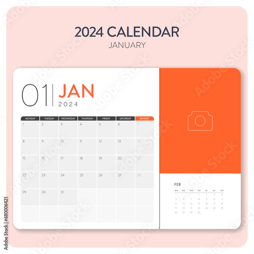 Creative minimal business monthly 2024 Calendar template vector. Desk, wall calendar for print, digital calendar or planner. Week start on Monday. Annual calendar layout design elements. January.