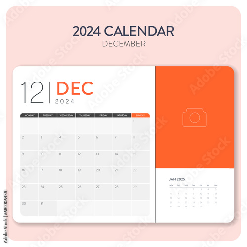 Creative minimal business monthly 2024 Calendar template vector. Desk, wall calendar for print, digital calendar or planner. Week start on Monday. Annual calendar layout design elements. December.