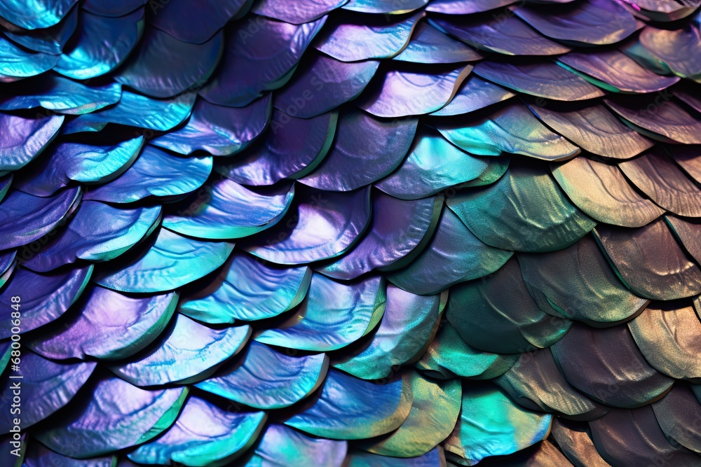 A series of overlapping fish scales each with a different texture and iridescent sheen creating a sense of movement and underwater life