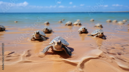 Large number of baby turtles emerge from nest making