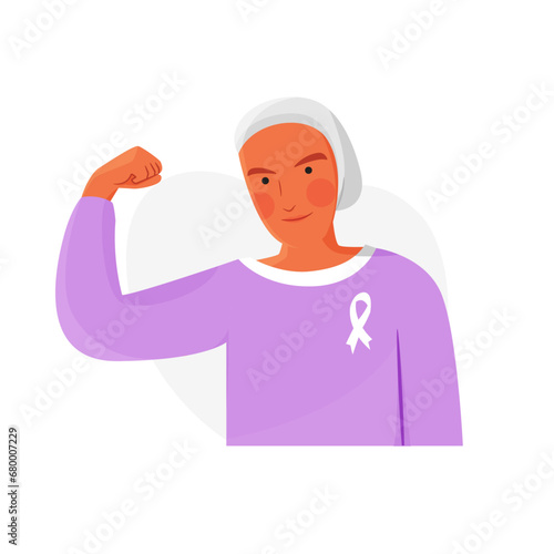 Smiling woman suffering from aids or cancer with fist in the air