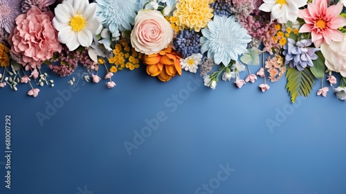 Colorful blooms outline on blue foundation