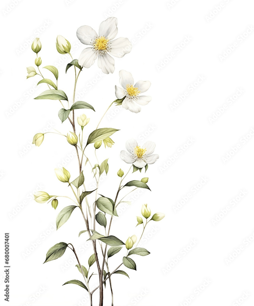 Obraz premium Illustration of branch white wild flowers. Bouquet in pastel color