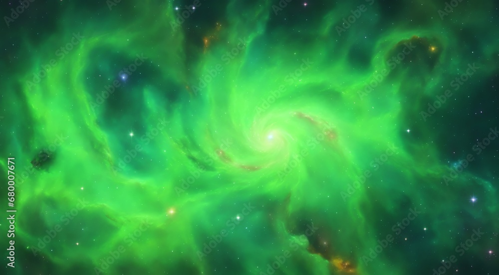 Vibrant and abstract cosmic nebula in space background with light green swirling colors from Generative AI