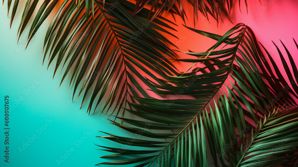 Layout shadow of colorful tropical palm leaves