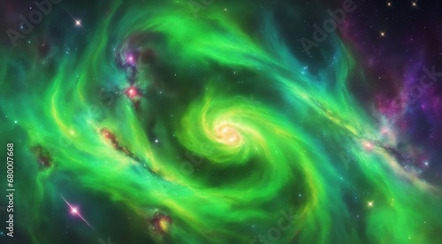 Vibrant and abstract cosmic nebula in space background with green swirling colors from Generative AI