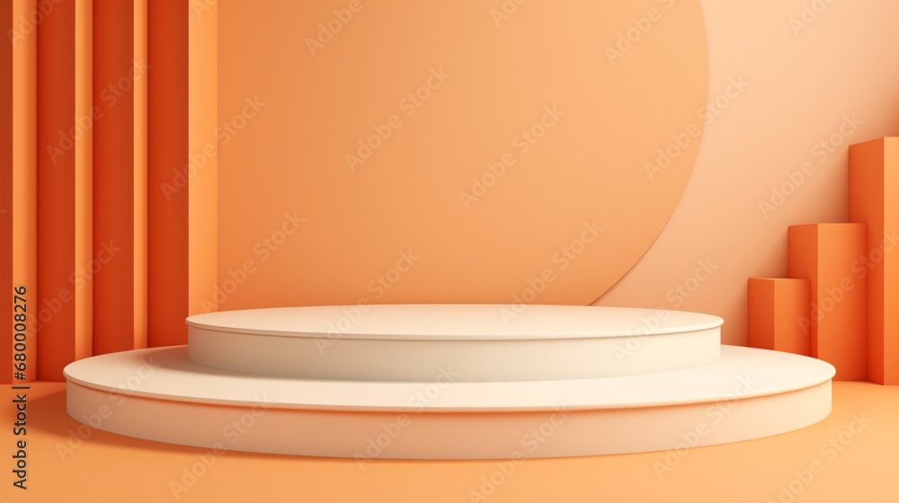 Cream, beige, and orange cylinder pedestal podium with a realistic set of steps in an abstract three-dimensional interior. Cream, beige, and orange cylinder pedestal podium with a realistic set of steps in an abstract three-dimensional interior.