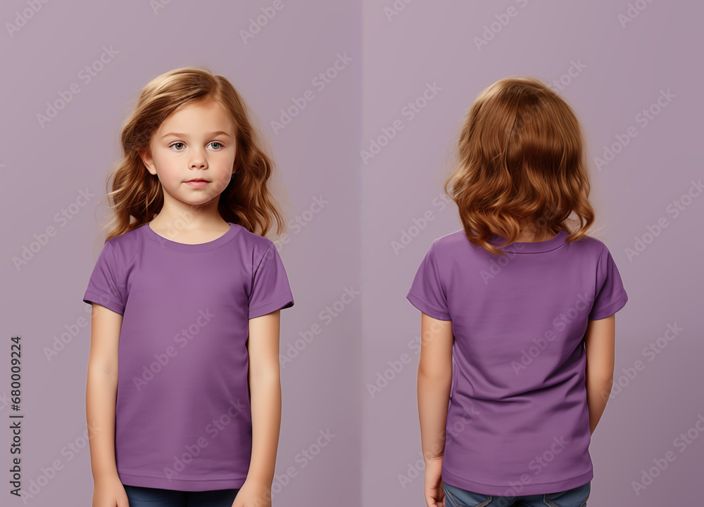 Front and back views of a little girl wearing a purple T-shirt