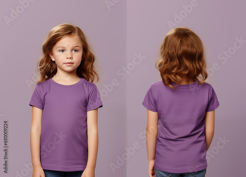 Front and back views of a little girl wearing a purple T-shirt