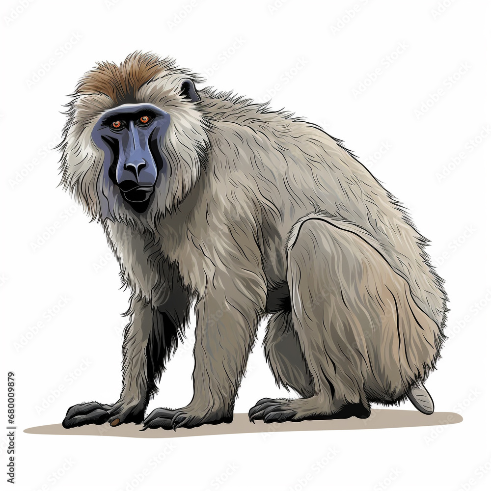 Fototapeta premium Baboon full body , black outline, natural colors ,comic drawing, on white background
