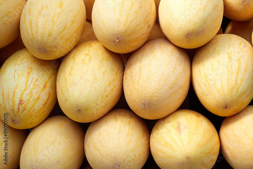 Rows of ripe melons in large quantities at the market