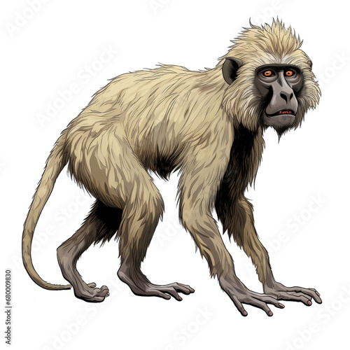 Baboon full body   black outline  natural colors  comic drawing  on white background