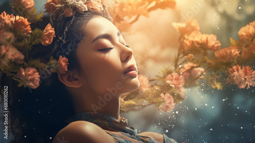 serene Asian woman surrounded by nature, embodying tranquility and harmony
