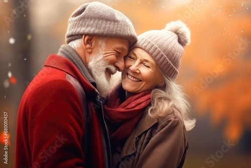 An elderly couple, a man and a woman, hugging in an autumn park. They look at each other with a loving gaze. Old people on a walk. Relationships in old age. Love and romance.
