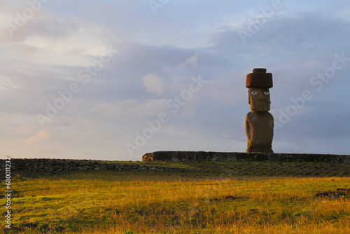Sunset on Easter Island, with the Moai Ahu Ko Te Riku in the foreground, Polynesia, Chile, South America photo