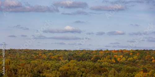 autumn forest tops horizon with sky and clouds panorama photo