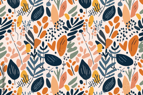 Natural hand drawn seamless pattern drawing with abstract shapes, strokes, flowers and leaves. Simple illustrated modern style. Vector art banner ot seamless pattern.