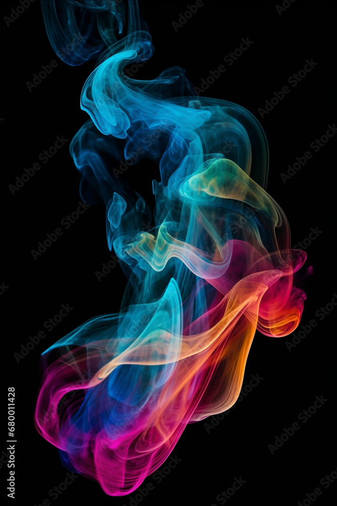 Generative AI image of colorful smoke isolated on black