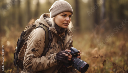 Generative AI image of a blonde girl wild photographer