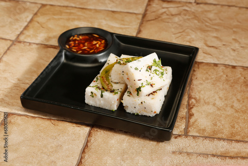 Appetizer, Breakfast, Cake, Chana Dal, Chutney, Dhokla, Eatable, Food, Green, Garnish, Gujarati, Indian Snack, Homemade, Indian, Khaman, Pieces, Snack, Soft, Spicy, Spongy, Steamed, Yellow, Puffy, Len