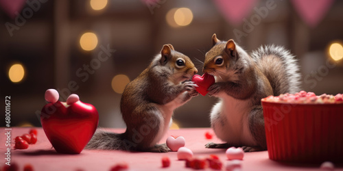 two squirrel eating valentines pralines, red valentines hearts
